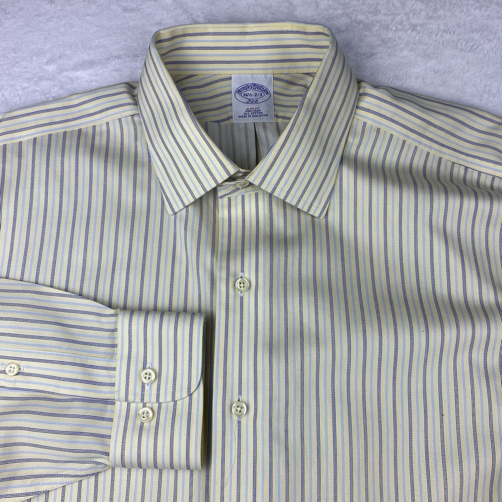 Brooks Brothers Dress Shirt Mens‎ 16.5-2/3 Yellow/Blue Stripes Slim Fit No Iron